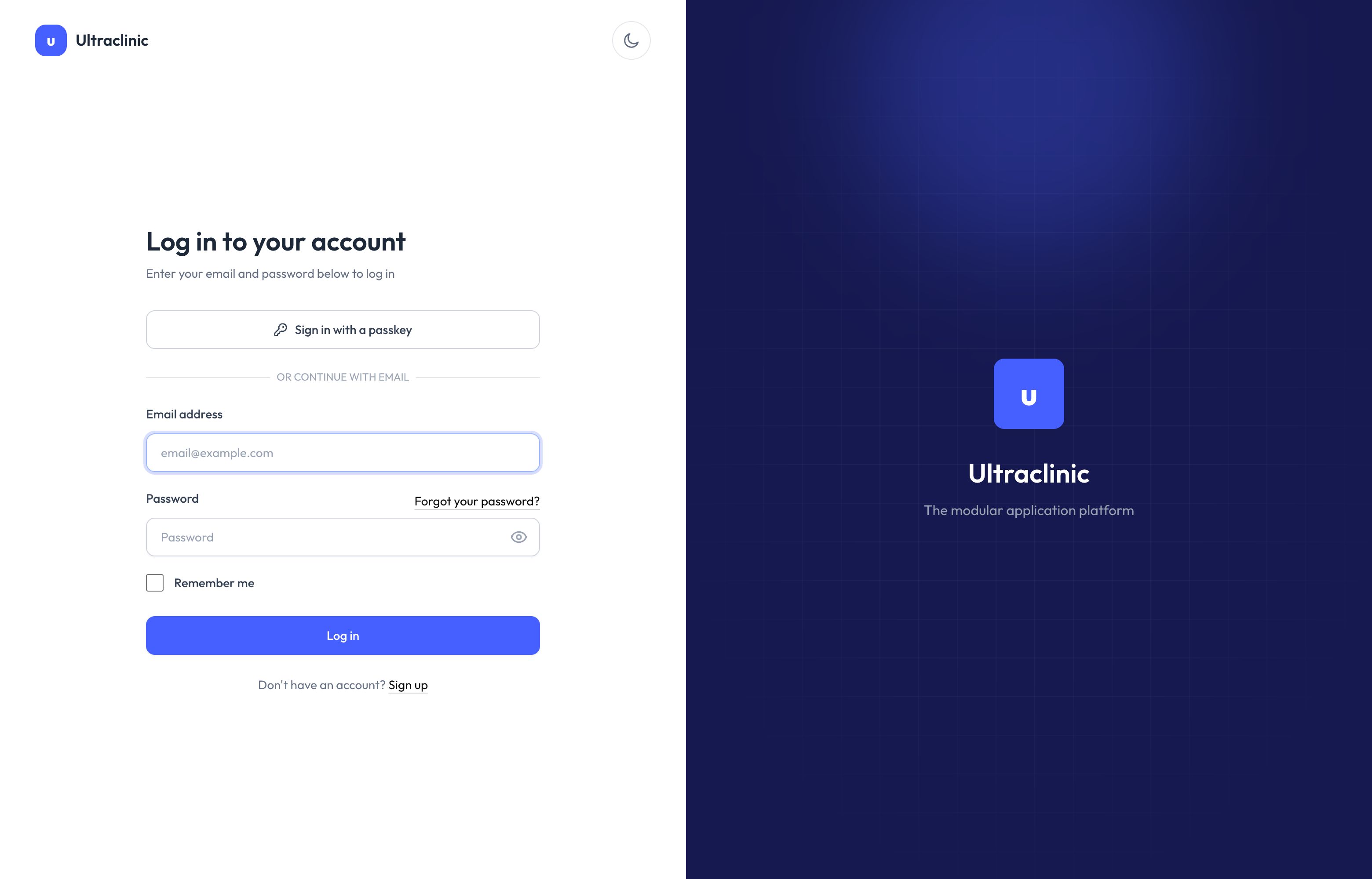 The Ultraclinic sign-in screen, with email, password and a passkey option.